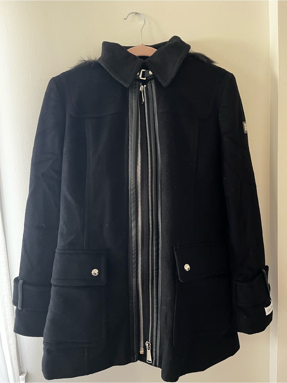 Black Women's Wool-Blend Coat with Front Zip and Faux Fur Hood